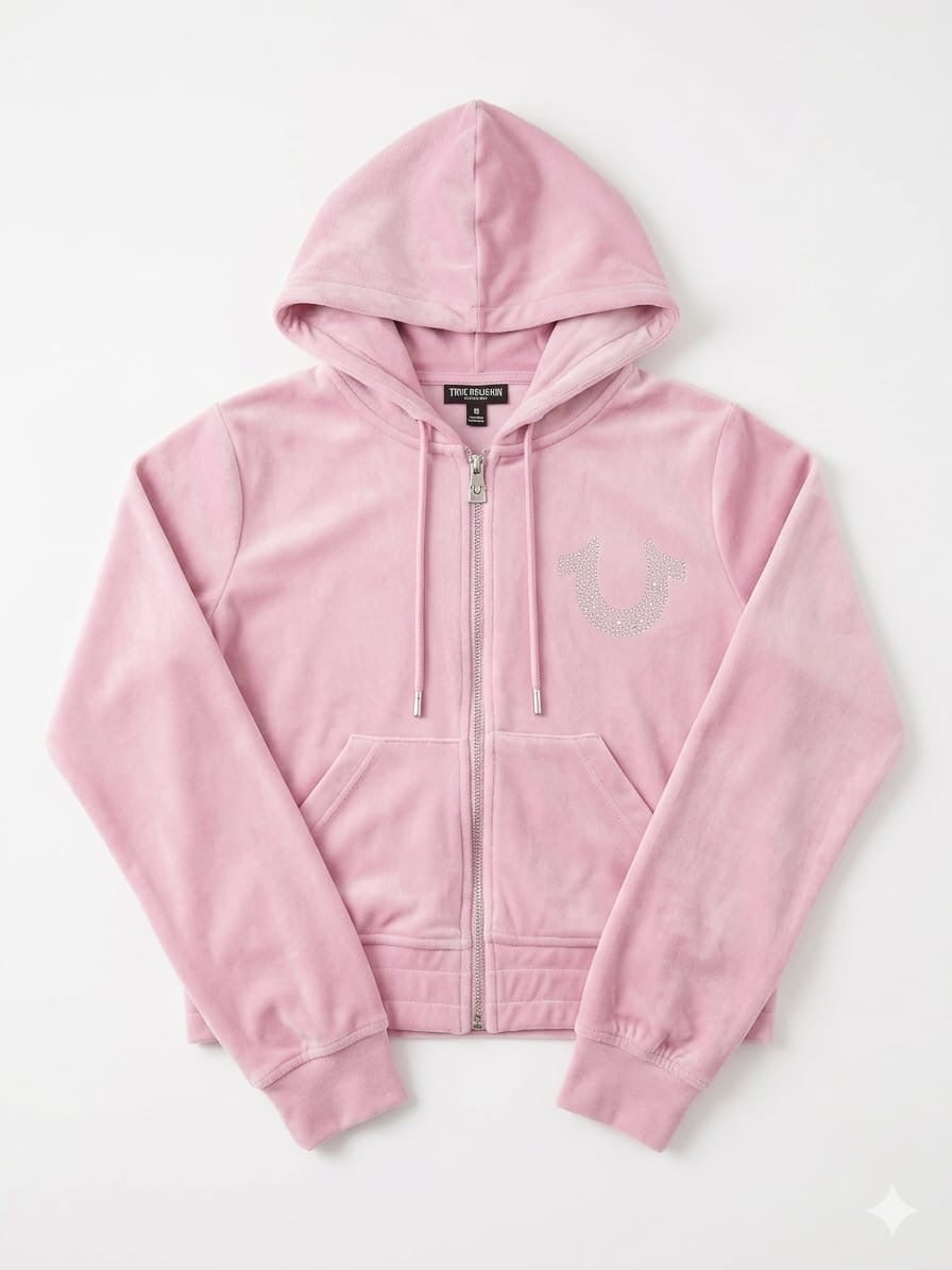 True Religion Crystal Horseshoe Velour Zip-Up Hoodie